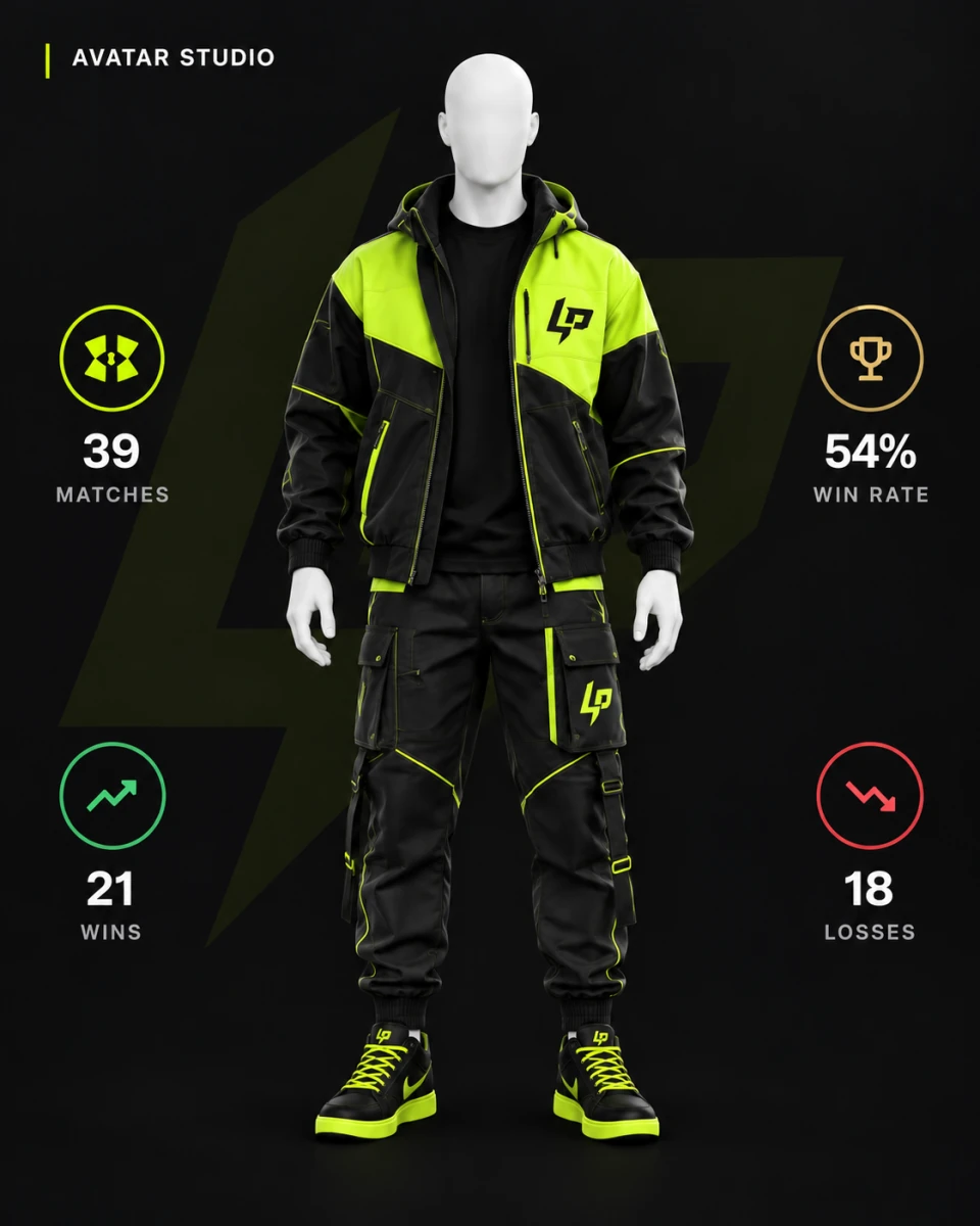 Larpit Avatar Studio: a full-height mannequin in a lime-and-black outfit, surrounded by match stats, without navigation controls.